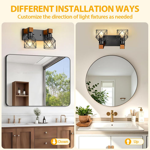Ablwigh 2-Light Farmhouse Bathroom Light Fixtures Over Mirror, Rustic Wood Vanity Lights for Bathroom, Vintage Black