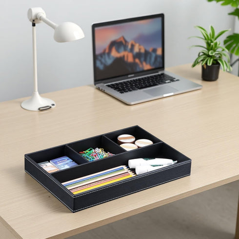 4 KINGFOM Pu Leather Desk Organizer Tray, Compartment Office Storage Supplies Stationery Drawer Tray, Nightstand