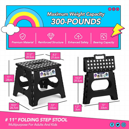 Stool,11 Inch Black,1 Pack Delxo Folding Step Non-Slip Foldable Step Stools for Kids and Adults,Portable Foldable Step