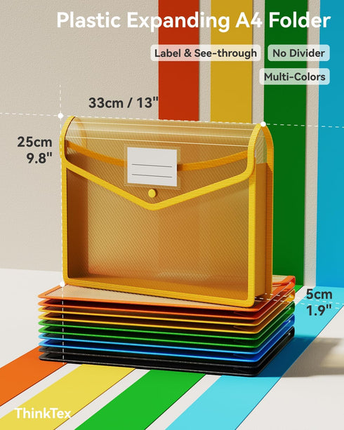ThinkTex Plastic Expanding File Folder, Transparent Envelopes with Snap Closure, No Dividers, Assorted Colors, 5 Packs