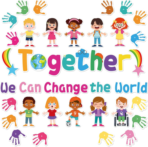 Together We Can Change The World Classroom Bulletin Board Set, Hands with Hearts, Diverse Children Cutouts