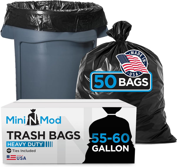 Mini n Mod 55-60 Gallon Trash Bags Heavy Duty | 50 Count | Large Black