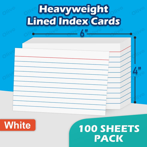 Olivo 4x6 4" 6", 100 Count, 220 Index Cards Lined Ruled Flash Note Cards x White, GSM Heavy Weight