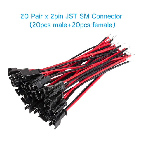 VANDESAIL JST SM Connector 40 Pack, 2Pin Jack Plug Male to Female Wire Adapter for LED Light Strip (20 Pairs, 10CM)