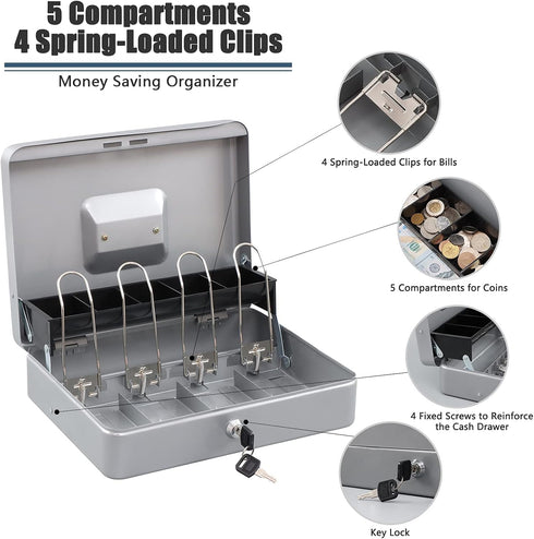 KYODOLED Locking Cash Box with Key, Money Box with Cash Tray, Lightgrey XL Large, 11.81L x 9.45W x 3.54H Inches