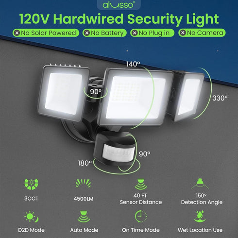 120V, 3CCT 3000K/4000K/6500K Light,ETL,3 40W 4500LM ALUSSO Motion Sensor Outdoor Lights Hardwired(Not Solar),Flood