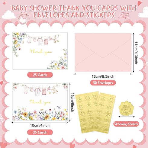 50 Pack Set Thboxes Pink Baby Shower Thank You Cards with Envelopes and Stickers for Girl, Thank You Notes