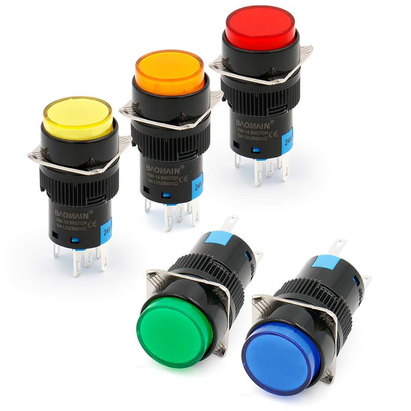 Baomain 5/8" 16mm Push Button Switch Momentary Round Cap LED Lamp, 5 Pack, Red Yellow Orange Blue Green Light DC 24V