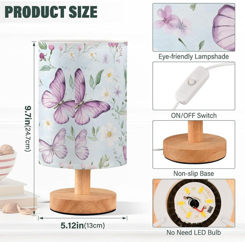 ALAZA Bedside Table Lamp for Bedroom Purple Butterfly Floral Nightstand LED Light Lamps with USB Port Linen Fabric