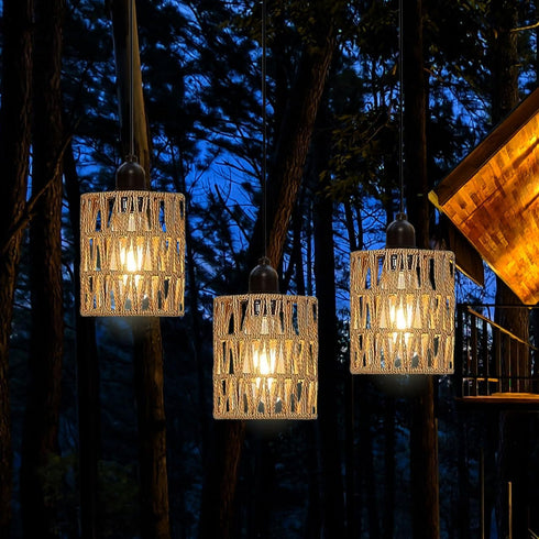 EcoGehen 2 Pack Bulb Battery Operated Pendant Light Outdoor Chandelier for Gazebo Hanging Lamp with LED Rattan Shade