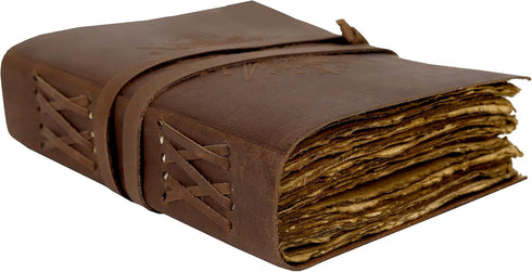 Sun & Moon Leather Journal, 7 x 5 Inch Handmade Paper Journal, Vintage Sketchbook for Women