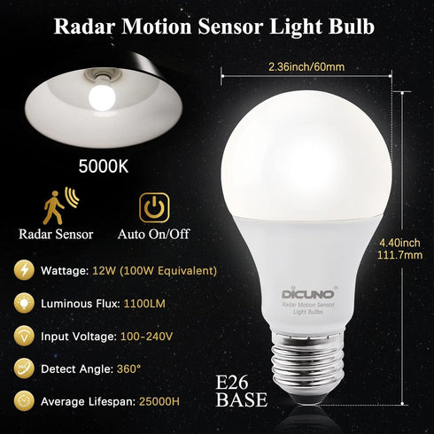 DiCUNO Radar Motion Sensor Light Bulbs Outdoor, 12W (100W Equivalent), Motion Sensor Bulb Auto On/Off, Daylight White 5000K, 1100 LM, A19 E26 Indoor/Outdoor Lighting for Front Porch Garage, 2-Pack by DiCUNO