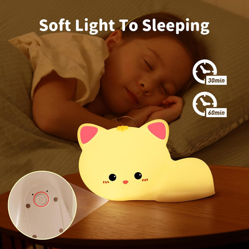 7-Colors Soft Silicone Cat Night Light for Kids Baby Toddler Cute Clap Touch Lamp Rechargeable Nightlight Bedroom Room