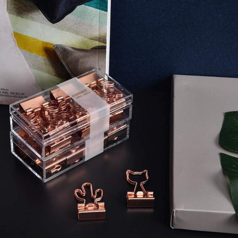 Cactus Binder Clips, Cute Rose Gold Medium Clips in Acrylic Crystal Box for Office, School, Home Supplies