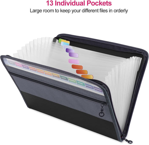MEGREZ Expanding File Folder with 13 Pockets, 2 Pack A4 Paper Organizer with Zipper, Black