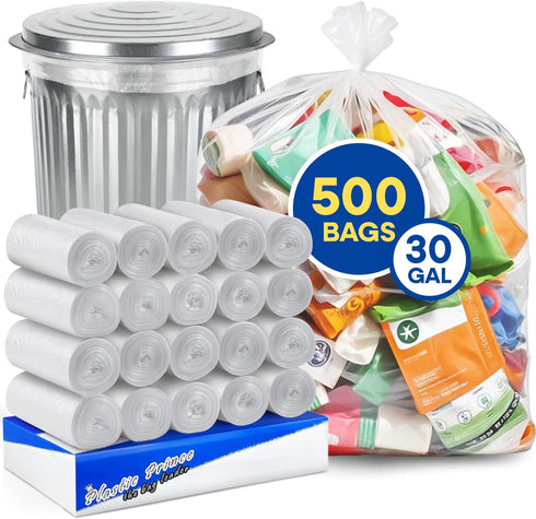 (500 Pack) 30 Gallon Clear Trash Bags, 10 Mic, High-Density, Fits Round and Square 20-30 Gal Trash Cans, 30” x 36”
