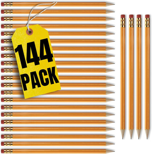 Pre Sharpened Pencils #2, 1InTheOffice, 2 HB, Wood-Cased, Black Lead, Yellow Barrel (144) with Eraser