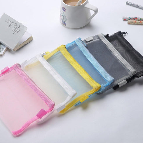 Zipper Files Bag, Breathable Transparent Mesh Document Pocket Pouch for Office School Supplies, White, A5