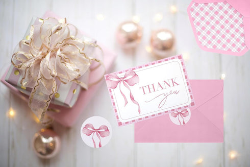 OIPKKUI 30Pack Pink Bow Thank You Cards with Envelopes Stickers Bow Blank Note Card Watercolor Greeting Card