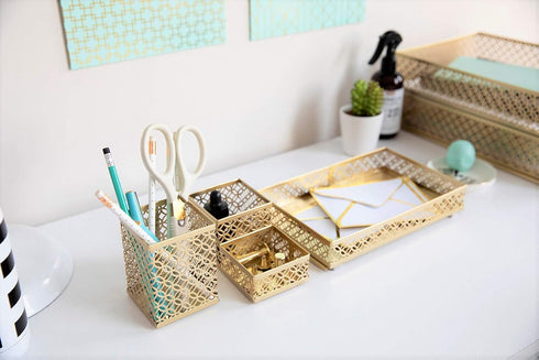 BLU MONACO Office Supplies Gold Desk Accessories, 6 Piece Interlocking Stylish Organizer Set for Women