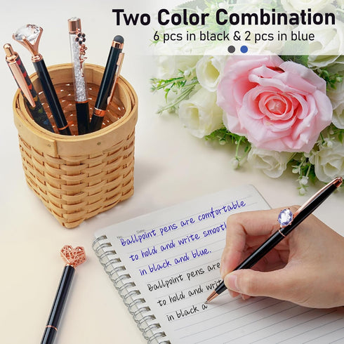 WEMATE 8Pcs Ballpoint Pens Set, Metal Crystal Diamond Glitter Pens for Journaling, Black & Blue Ink