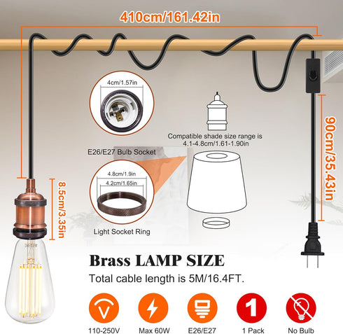Puanticn 16.4 E26 E27 Bulb Vintage Brass Plug in Pendant Light Fixture, Ft Black Thicken Round Cable Hanging Lamp Kit