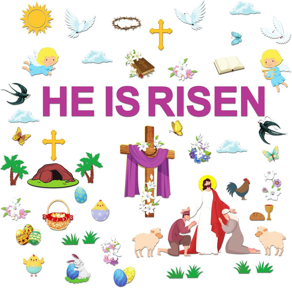 Easter Jesus He is Risen Bulletin Board Decorations, Religious Jesus Resurrection Cross Cutouts for Sunday School Spring