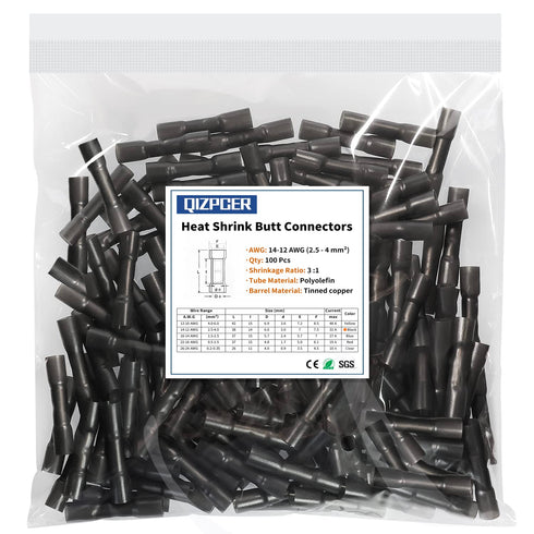 100 Pcs Black Heat Shrink Butt Connectors, 14-12 AWG Marine Grade Insulated Crimp Butt Splice Automotive Connectors