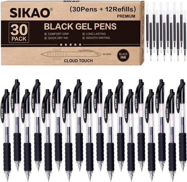 Black Gel Pens Bulk - 30 Pack Fine Point Smooth Writing No Smudge, 0.7mm Gel Ink, Retractable Rollerball