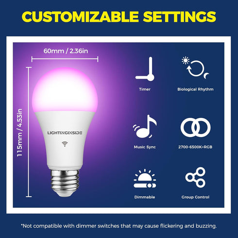 Bulbs 100W 1350LM 11W Bulb A19 E26 2.4G Bulb, 1PC Lightinginside Smart Light Equiv., Smart Works with Alexa/Google