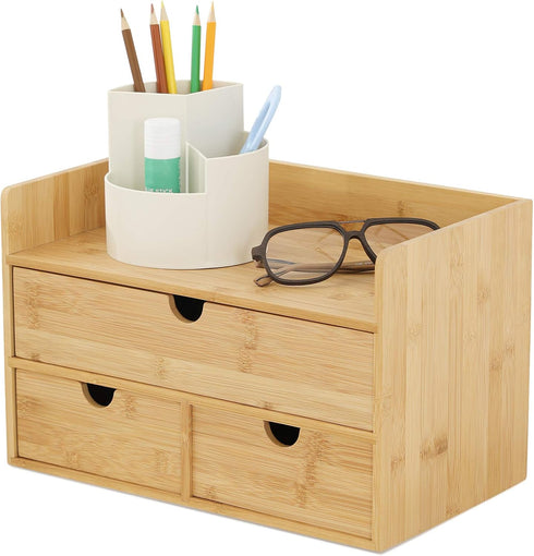 Desk Organizer with Drawers, Bamboo Desktop Organizers Storage for Bills, Office Supplies, Cosmetics, No Assembly
