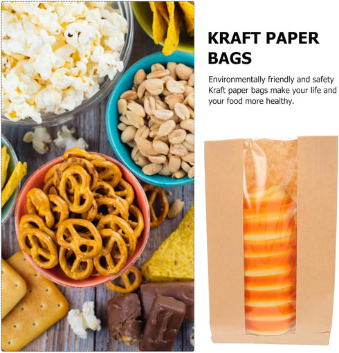 30pcs 23x12x5cm Commercial PATKAW Kraft Paper Bread Bags Window, Oil-proof Bread Storage Pouches for Bakery