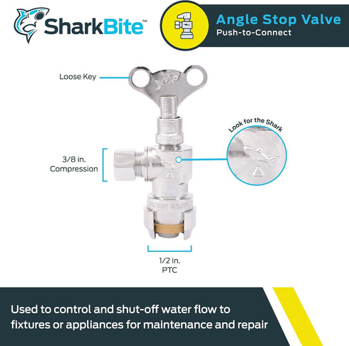 SharkBite 1/2 x 3/8 Inch Compression Angle Stop Valve, Push to Connect Brass Plumbing Fitting, Chrome Finish