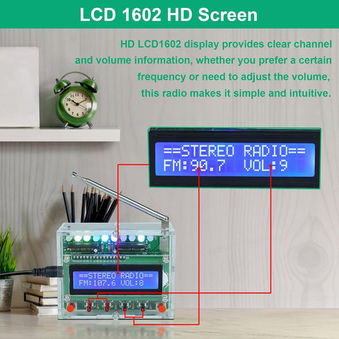 IS LCD1602 87-108MHz FM Radio Kit, ICSTATION Soldering Projects Radio with LED Flashing Lights DIY Radio Kit Dplay FM