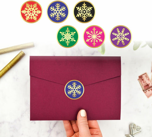 PARTH IMPEX Snowflake Stickers, Pack of 120 - 2" Large Round Gold Foil Stamping Labels for Christmas Holiday Cards