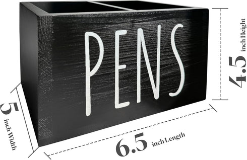 Wooden Pen Pencil Holder, Cute Office Organizer for Desk, 2 Compartment Storage Caddy, Black