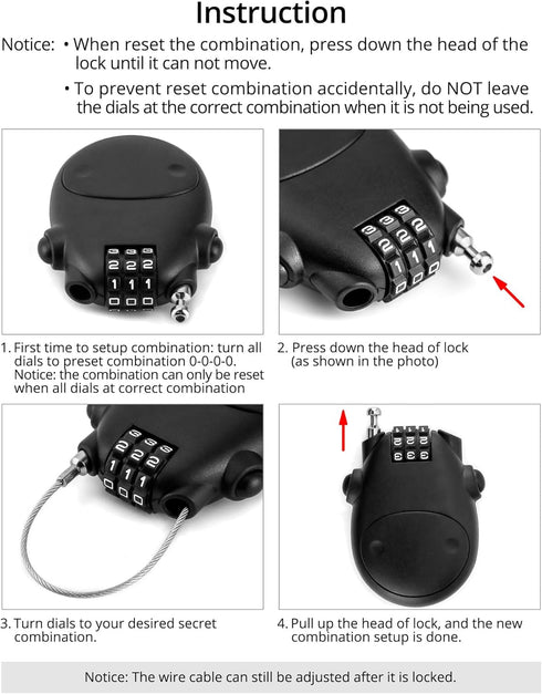 4 Pack QWORK Retractable Cable Lock, Security Password Lock Steel Cable Luggage Locks