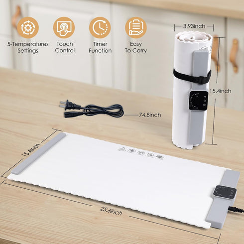 5 Settings, 4-Hour Food Warming Mat - Temperature Timer, Child Lock, Flexible Silicone, Easy Clean, Multi-Use, Perfect