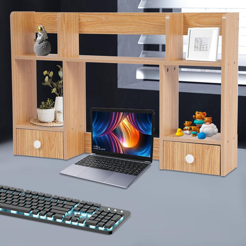 lxrnqcey 2-Tier 80cm Desktop Shelf, High-Capacity Desk Hutch Organizer, Multipurpose Wood Desktop Bookshelf Storage