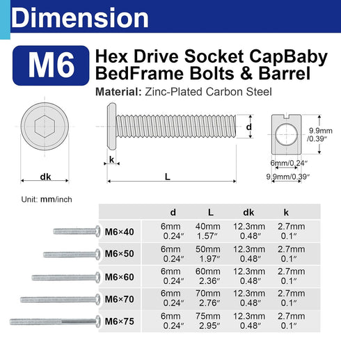 Usdrwam 16 Set, M6 40/50/60/70/75 mm Pcs Crib Screws and Barrel Nuts Replacement x Hex Socket Cap Bolts and Nuts
