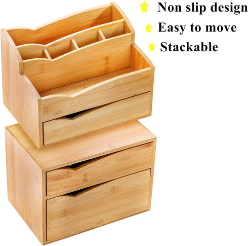 Yopay 2 Pack Bamboo Desk Organizer, Stackable with 3 Drawers, 100% Bamboo for Stationery, Makeup Vanity, Fully Assembled