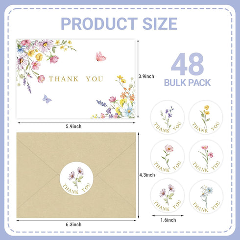 KOPOOEOE 48 Sets Wildflower Thank You Cards with Kraft Envelopes Sticker Watercolor Floral Blank Greeting Cards