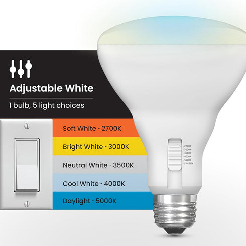 BR30 Bulb, 65W Dimmable, 6-Way, E26 90 650 Bulb, 22-Year BR30DM/6WYCA/2, 2 Pack Feit Electric LED Light Equivalent