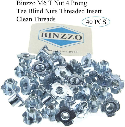M6 X 10mm T Nut 4 Prong Tee Blind Nuts - Threaded Insert, No Rust Carbon Steel Zinc Plated, 40 Pack