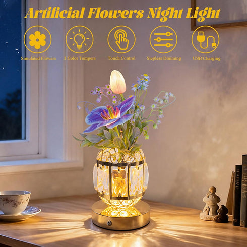 BVI BOOMERVIVI 3-Color Dimmable Flower Crystal Table Lamp, Small Night Light, Rechargeable Cordless Touch Lamp