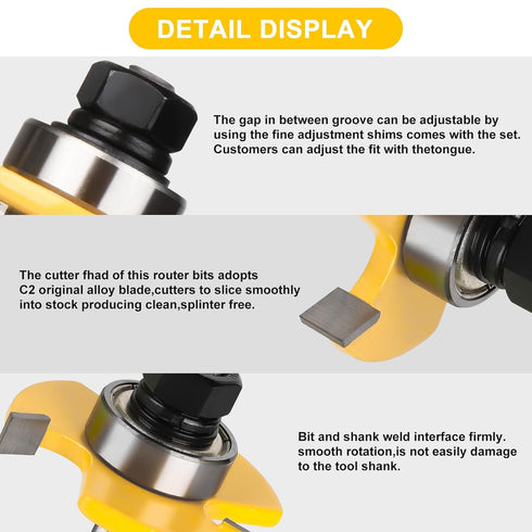 UTRUSTTO Set 1/4 Inch 2 1/4" 3 Tongue and Groove Router Bit Shank, Pieces Router Bits Teeth Adjustable T Shape Wood