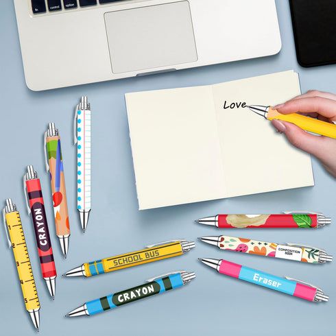 Set 10 Teacher Appreciation Week Ballpoint Pens of Colorful Crayon-Inspired Teacher Theme Pens with Classroom Supply