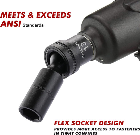 10 3/8" Set, 6 Metric,10-19mm CASOMAN PCS Drive Deep Standard Universal Impact Socket Point, CR-MO