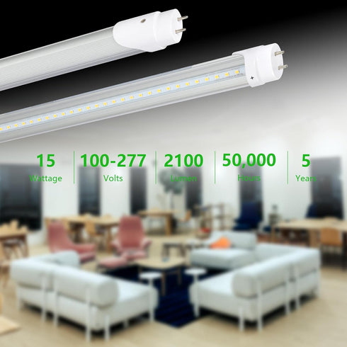 2FT LED T8 T10 T12 Type A+B Tube Lights, 15W 5000K 2100lm, F20T12/F30T8 Replacement, Dual-Ended, 1 Pack