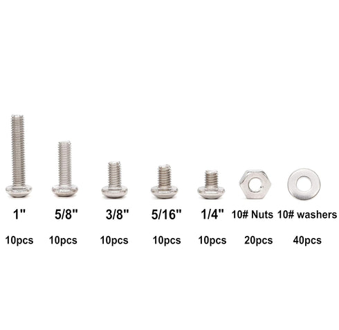 binifiMux 110pcs Assortment Kit, 10-32 Pan Phillips Screws, Hex Nuts, Flat Washers, 304 Stainless Steel, 1/4" 5/16"